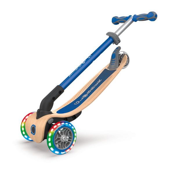 Globber PRIMO 發光車輪摺疊兒童滑板車 環保木踏板 海軍藍