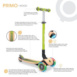 Globber PRIMO 發光車輪摺疊兒童滑板車 環保木踏板 海軍藍