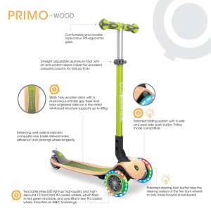 Globber PRIMO 發光車輪摺疊兒童滑板車 環保木踏板 粉紅