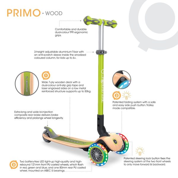 Globber PRIMO 發光車輪摺疊兒童滑板車 環保木踏板 粉紅