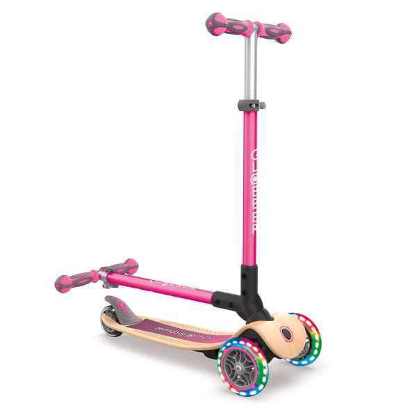 Globber PRIMO 發光車輪摺疊兒童滑板車 環保木踏板 粉紅