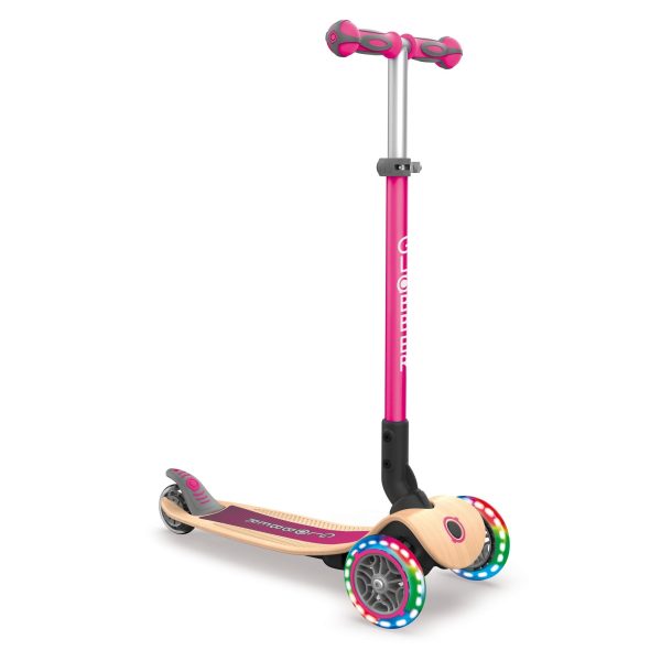 Globber PRIMO 發光車輪摺疊兒童滑板車 環保木踏板 粉紅